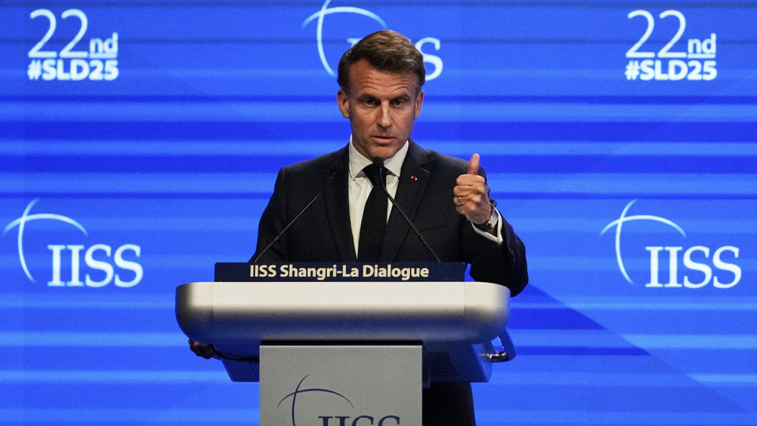 French President Emmanuel Macron delivers his speech during the 22nd Shangri-La Dialogue summit in Singapore, Friday, May 30, 2025. 